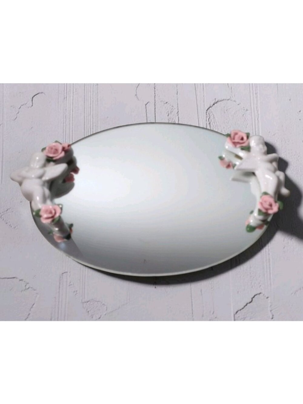 Vintage Accents Sculpted Cherub Mirrored Vanity Tray Porcelain Roses Art Nouveau